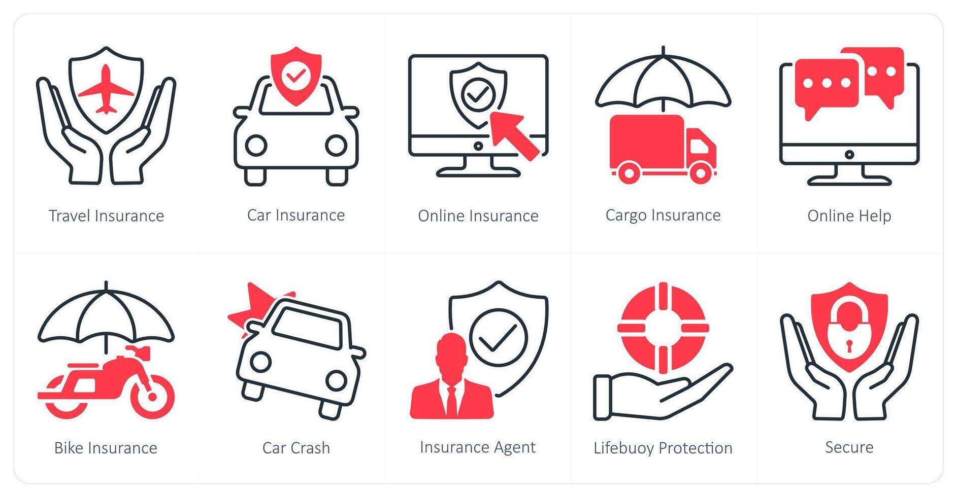 A set of 10 Mix icons as travel insurance, car insurance, online insurance vector