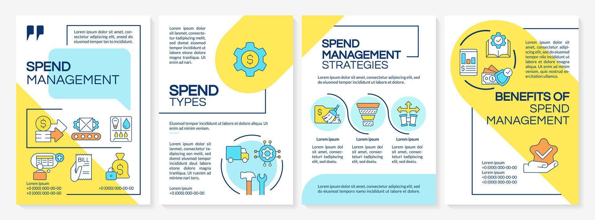 Spend management strategies blue and yellow brochure template. Leaflet design with linear icons. Editable 4 layouts for presentation, annual reports vector