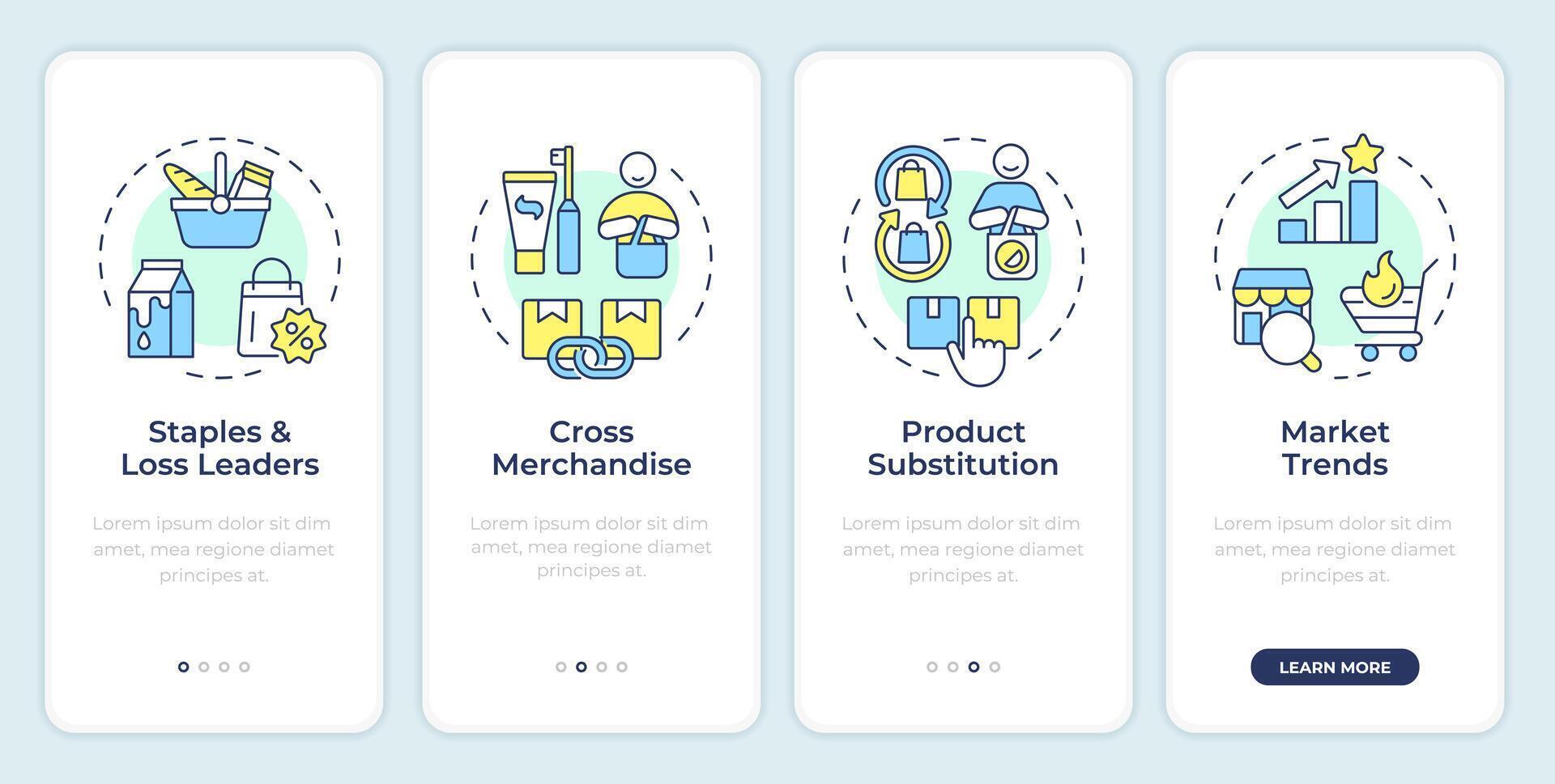 Product assortment optimization onboarding mobile app screen. Walkthrough 4 steps editable graphic instructions with linear concepts. UI, UX, GUI template vector