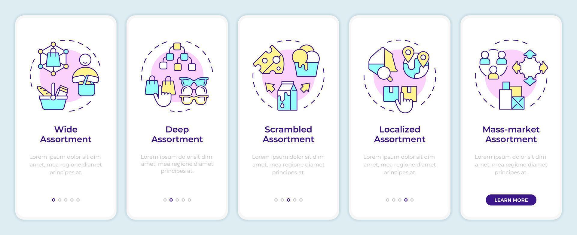 Assortment planning models onboarding mobile app screen. Walkthrough 5 steps editable graphic instructions with linear concepts. UI, UX, GUI template vector