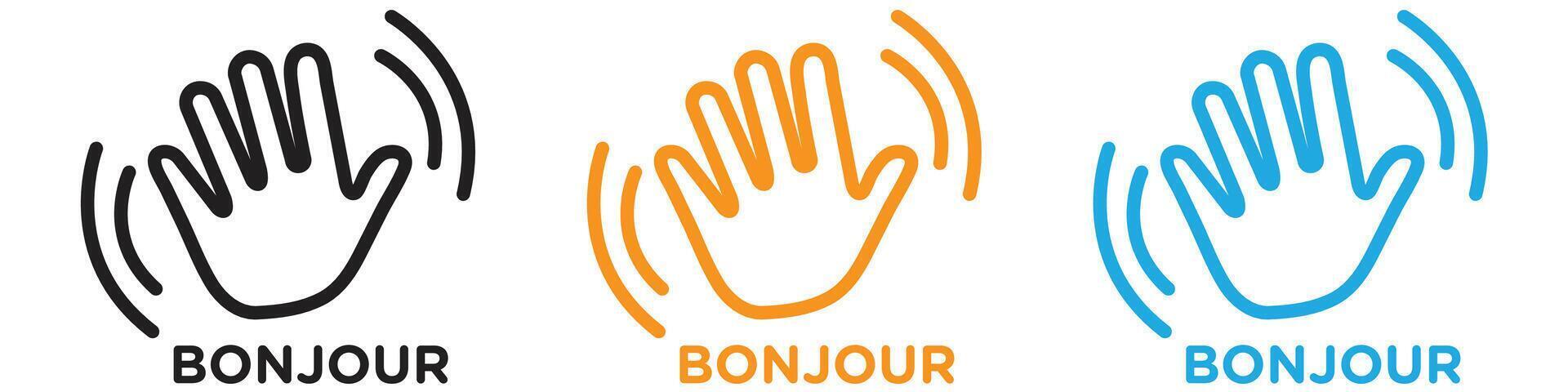 Bonjour text with hand wave logo set collection for web app ui vector