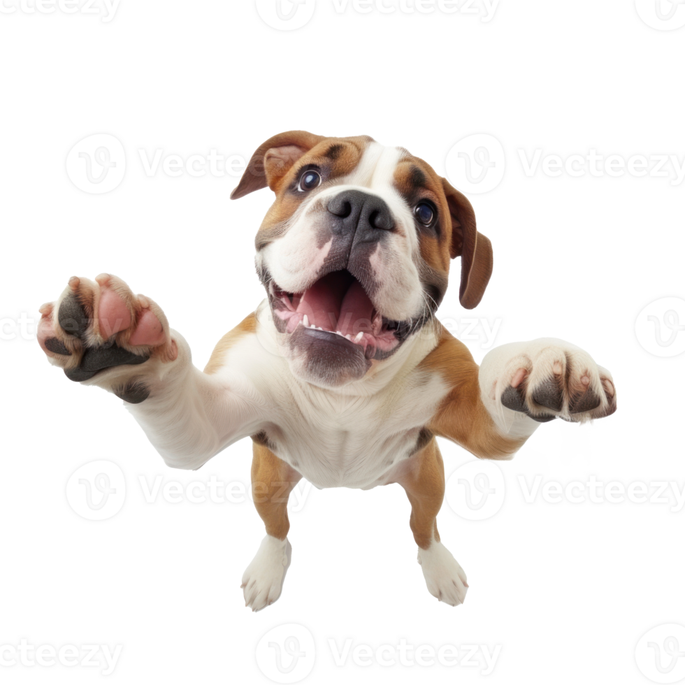 a dog is flying in the air with its mouth open on transparent background png