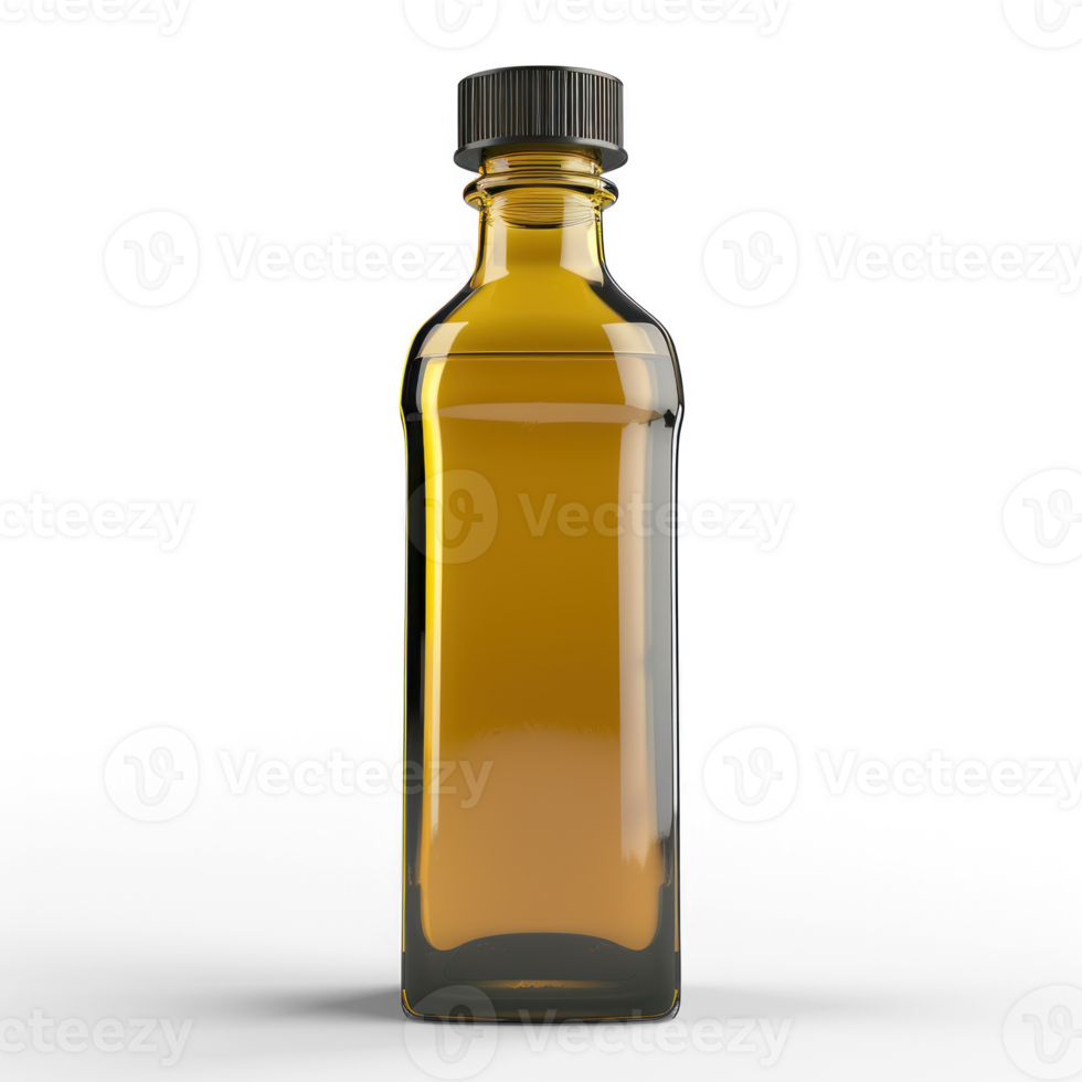 a glass bottle with a brown liquid inside on transparent background png