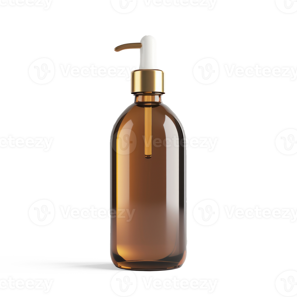 a brown liquid bottle with a gold pump on a transparent background png