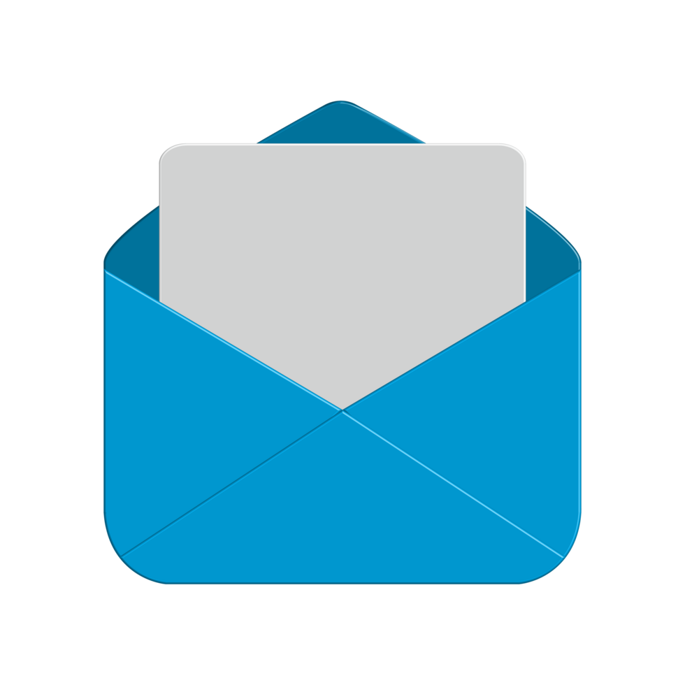 3d blue open mail envelope icon with white paper empty png
