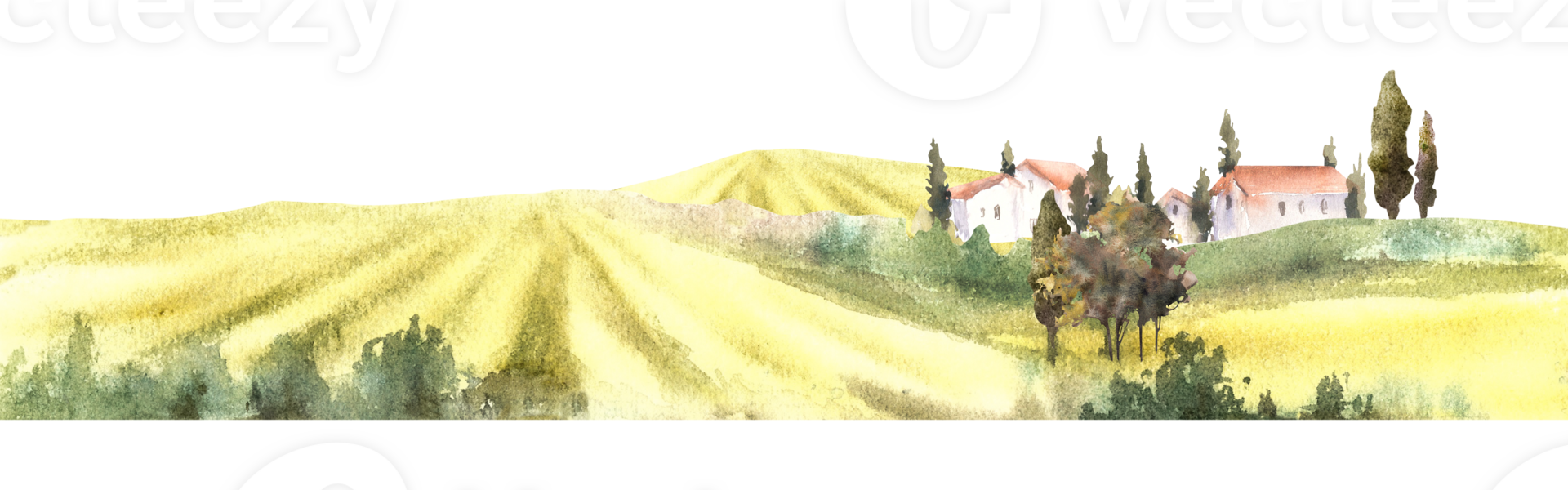 Landscape with field, villa, farmhouse, bushes, fruit trees, cypresses. Watercolor Italian, France summer, fall Hills, and valleys, natural rustic scene. Hand draw illustration on isolated background png