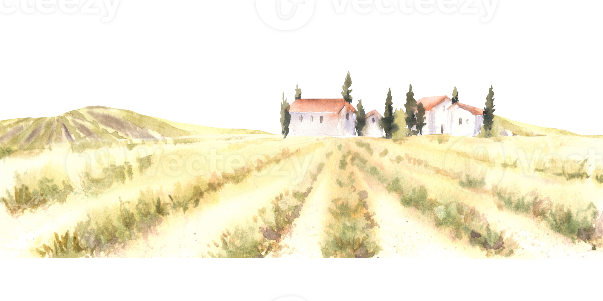Landscape with harvest field, houses, trees, bushes and mountains, hills. Watercolor rural Provence, natural countryside France. Hand draw illustration on isolated background for poster, label, card png