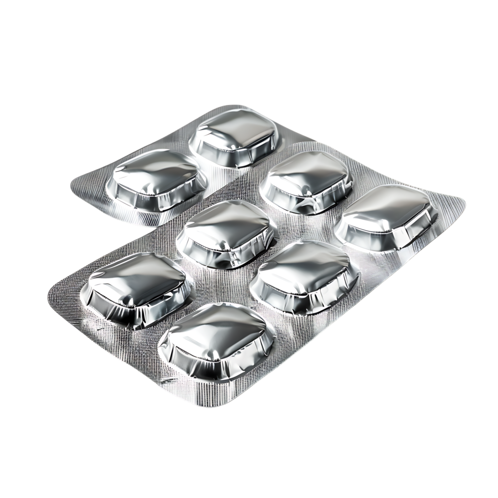 Isolated tablets in aluminum foil strip over transparent background png