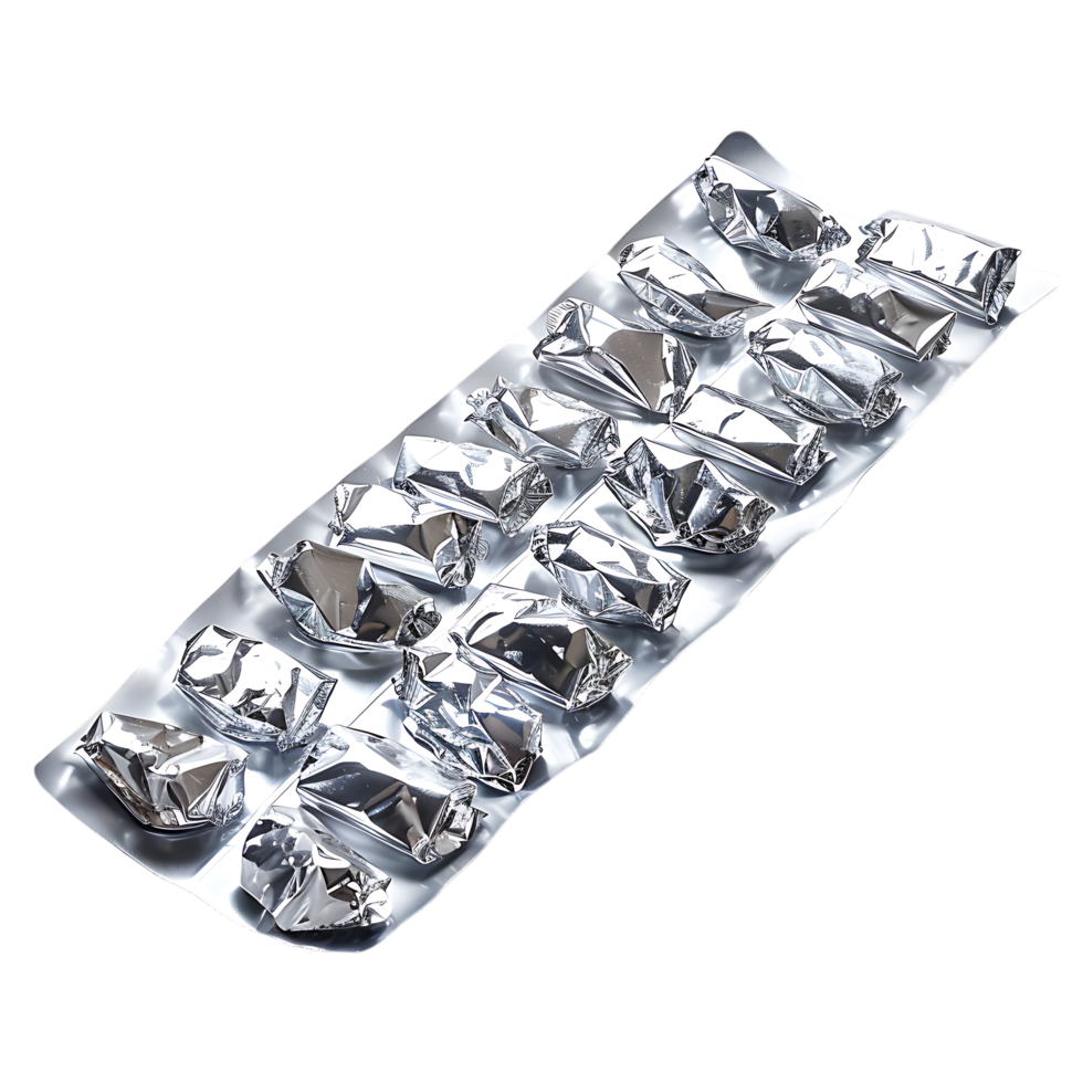 Isolated tablets in aluminum foil strip over transparent background png
