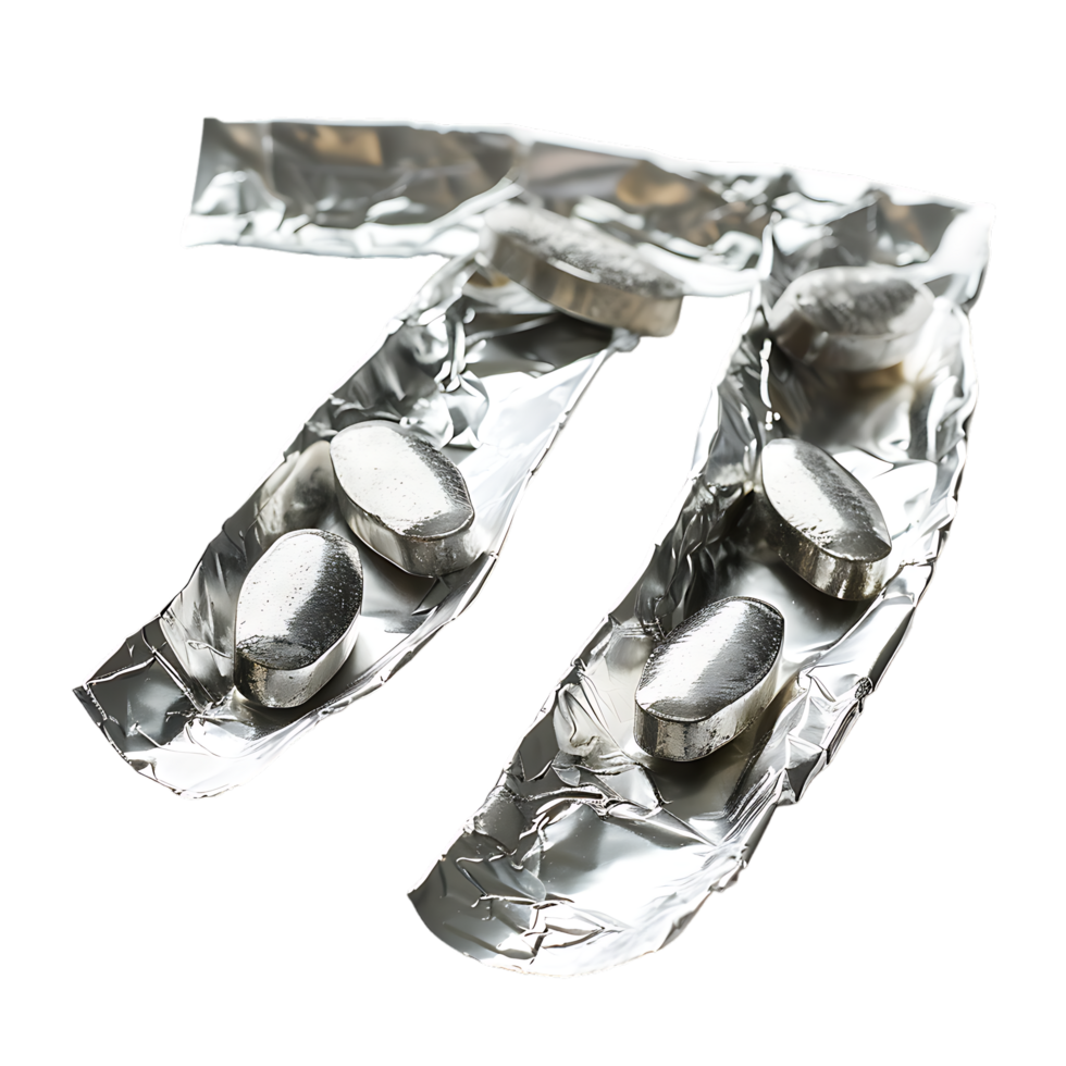 Isolated tablets in aluminum foil strip over transparent background png
