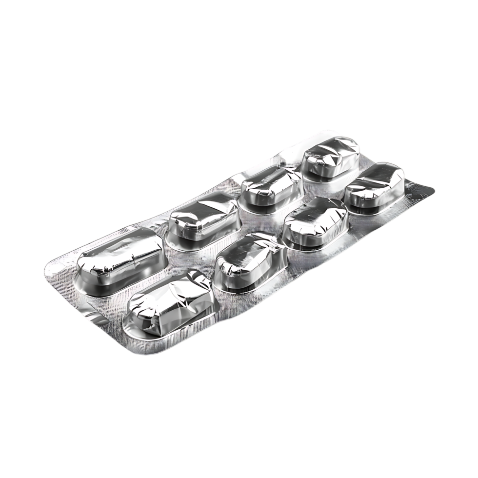 Isolated tablets in aluminum foil strip over transparent background png