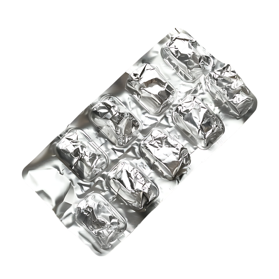 Isolated tablets in aluminum foil strip over transparent background png