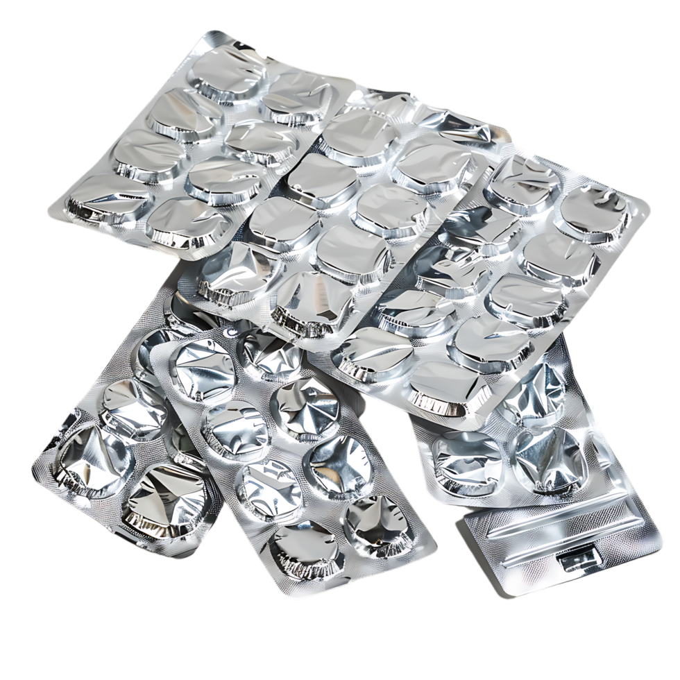 Isolated tablets in aluminum foil strip over transparent background png