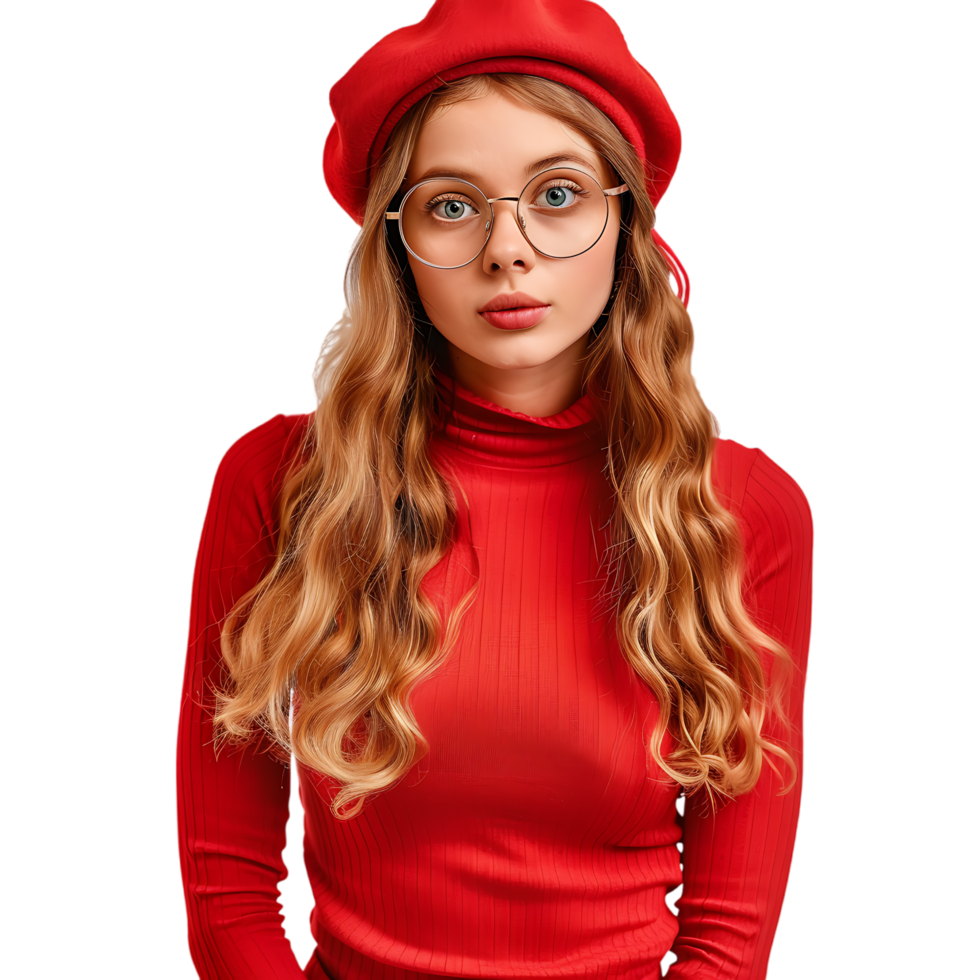 Young girl in casual red outfit with beret and glasses looking at camera while standing png
