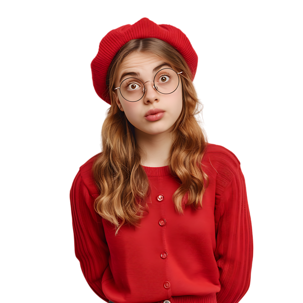 Young girl in casual red outfit with beret and glasses looking at camera while standing png