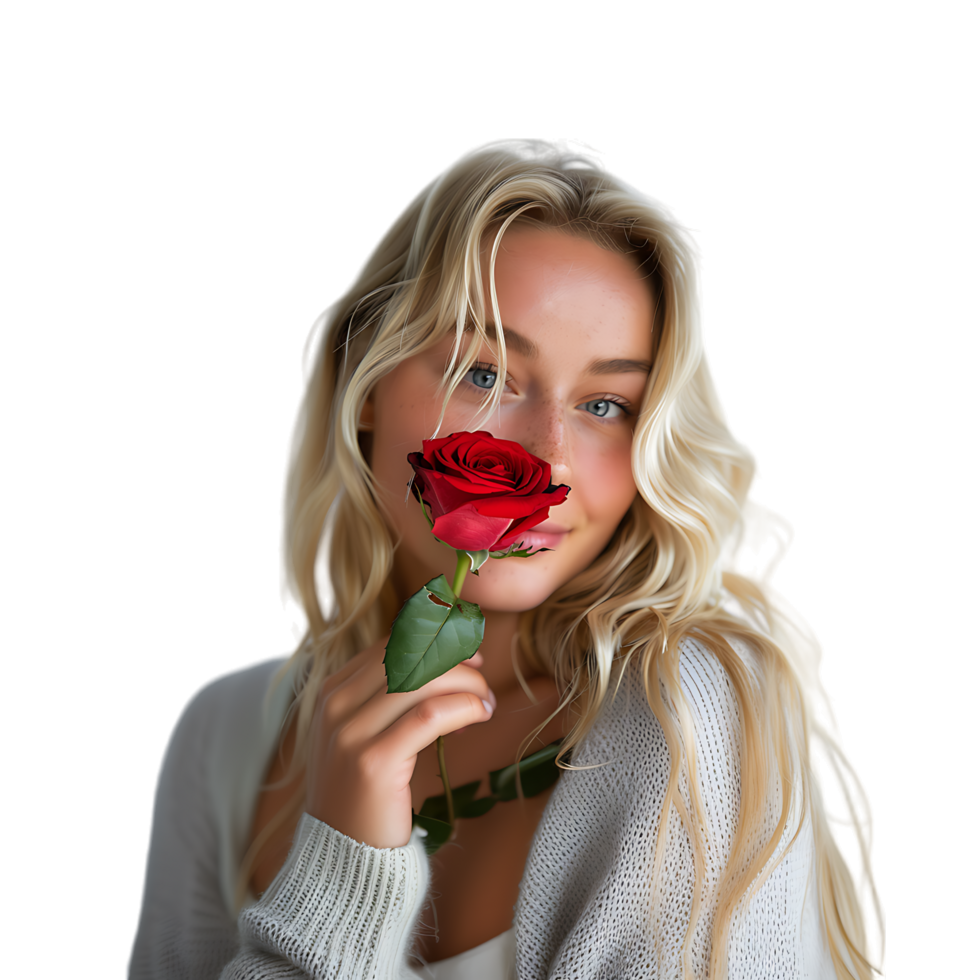 Close up blonde woman who plays touches and smells a red rose in a photographic studio png