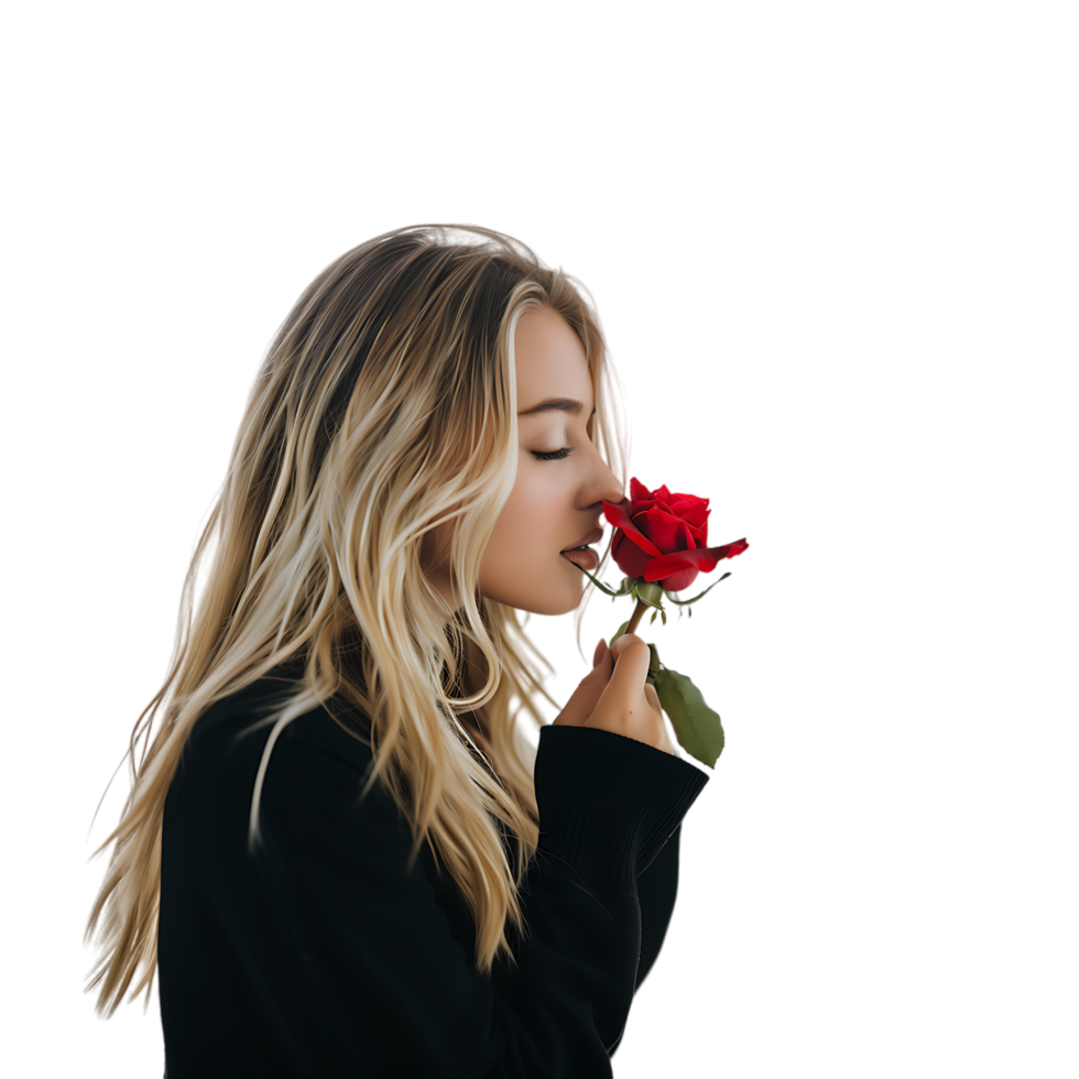 Close up blonde woman who plays touches and smells a red rose in a photographic studio png