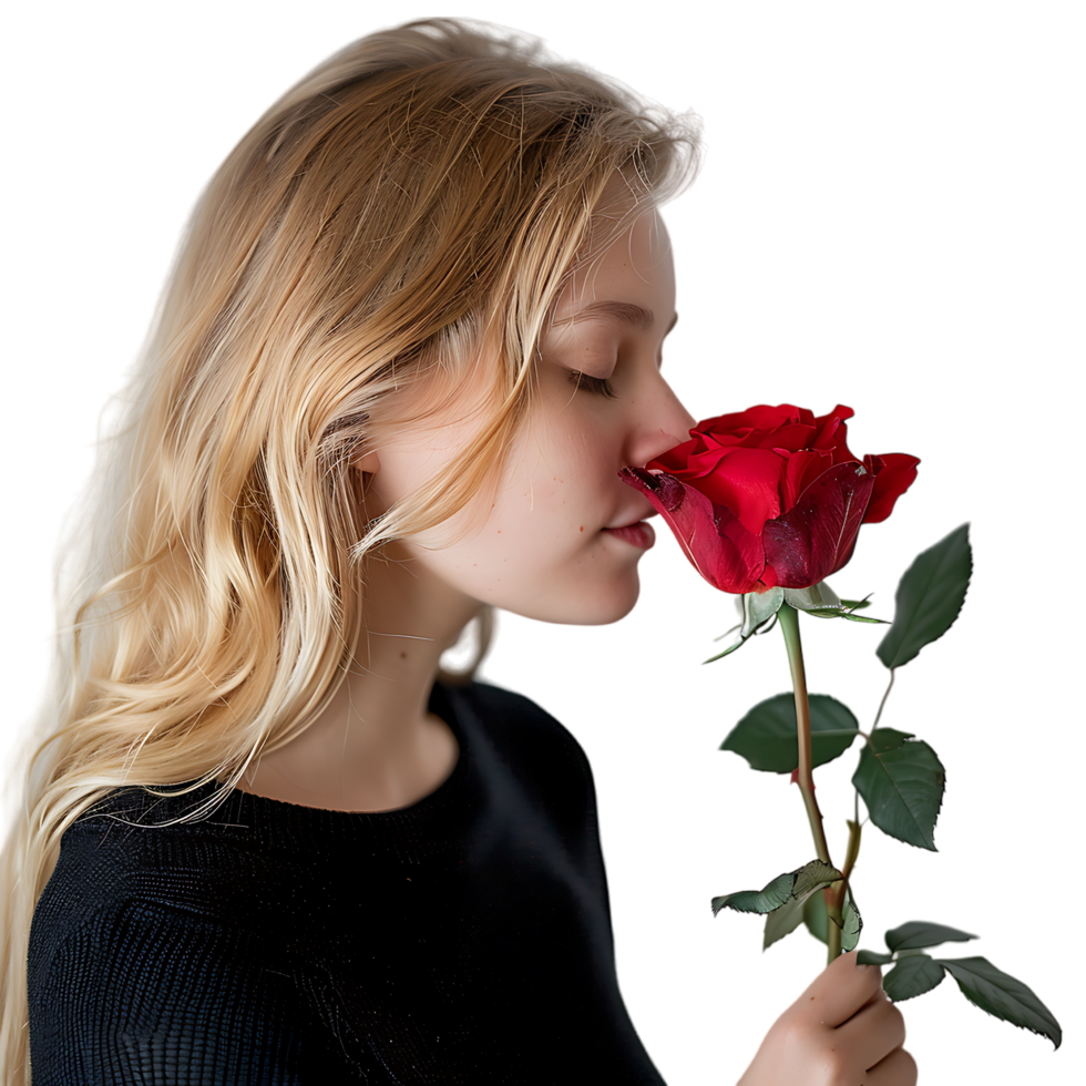 Close up blonde woman who plays touches and smells a red rose in a photographic studio png