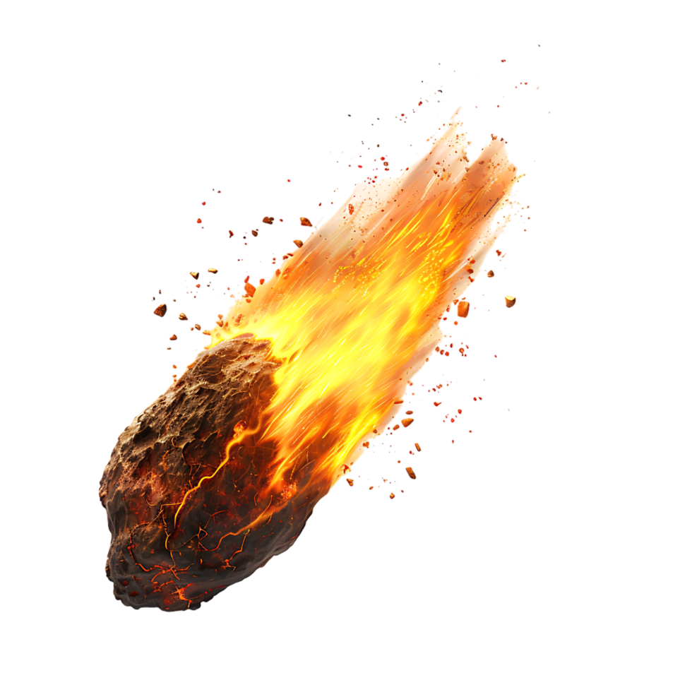 A meteorite's fiery descent is captured against a transparent canvas png