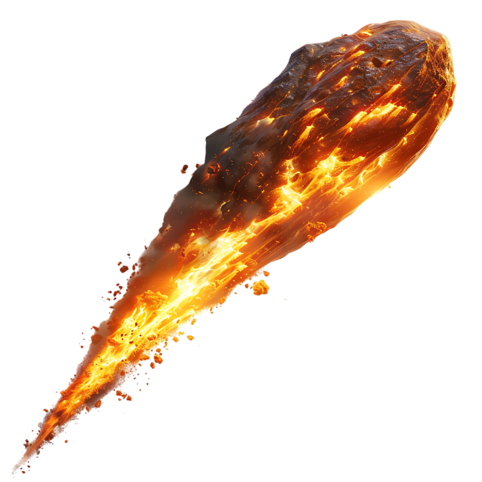 A meteorite's fiery descent is captured against a transparent canvas png