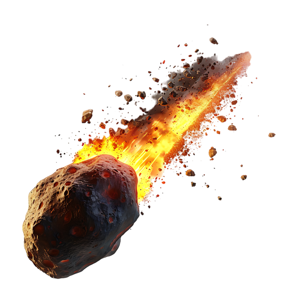 A meteorite's fiery descent is captured against a transparent canvas png