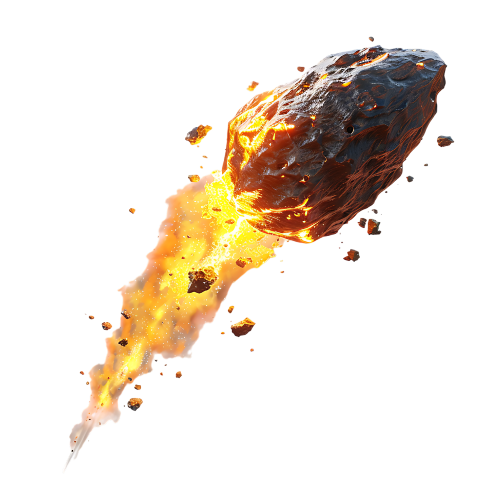 A meteorite's fiery descent is captured against a transparent canvas png