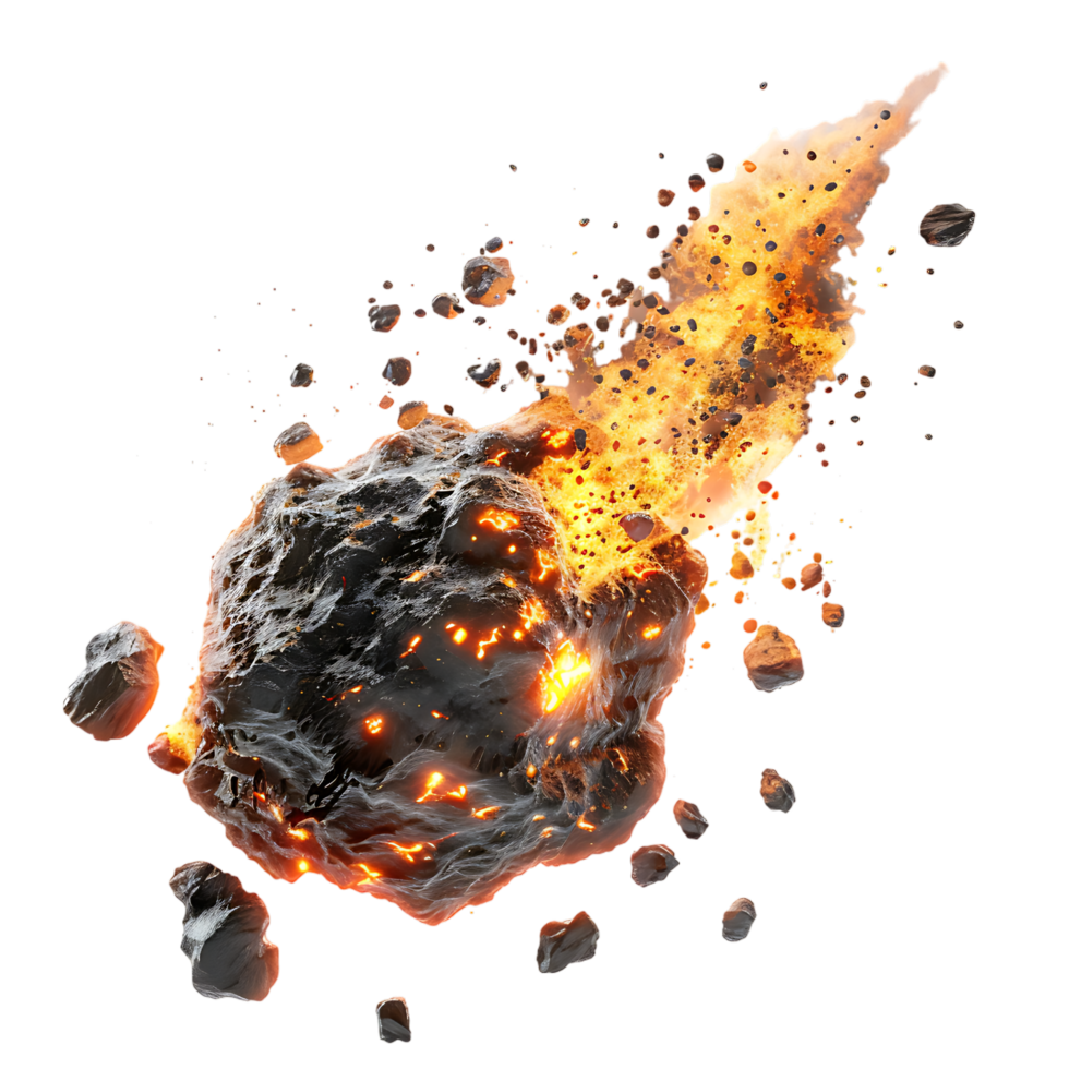 A meteorite's fiery descent is captured against a transparent canvas png