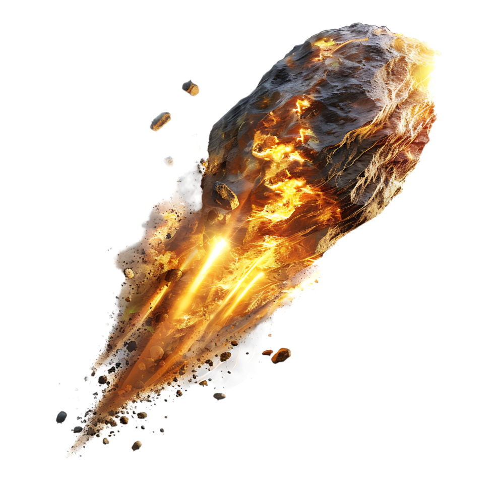 A meteorite's fiery descent is captured against a transparent canvas png