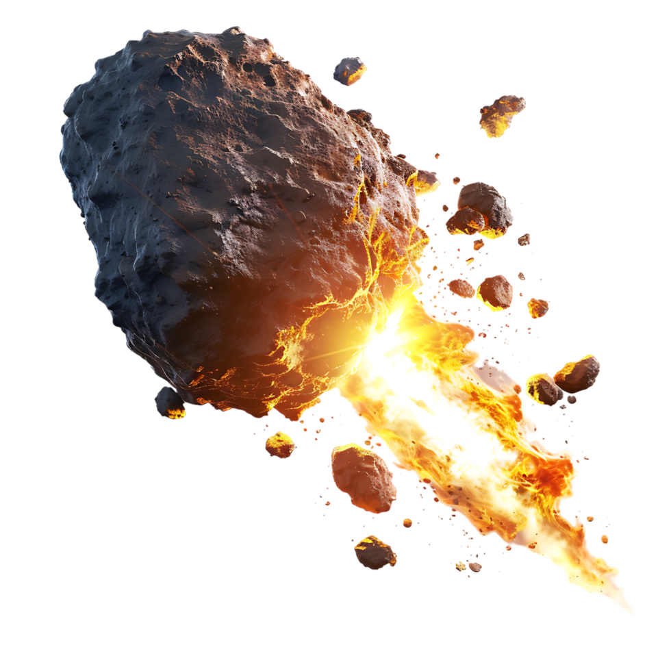 A meteorite's fiery descent is captured against a transparent canvas png
