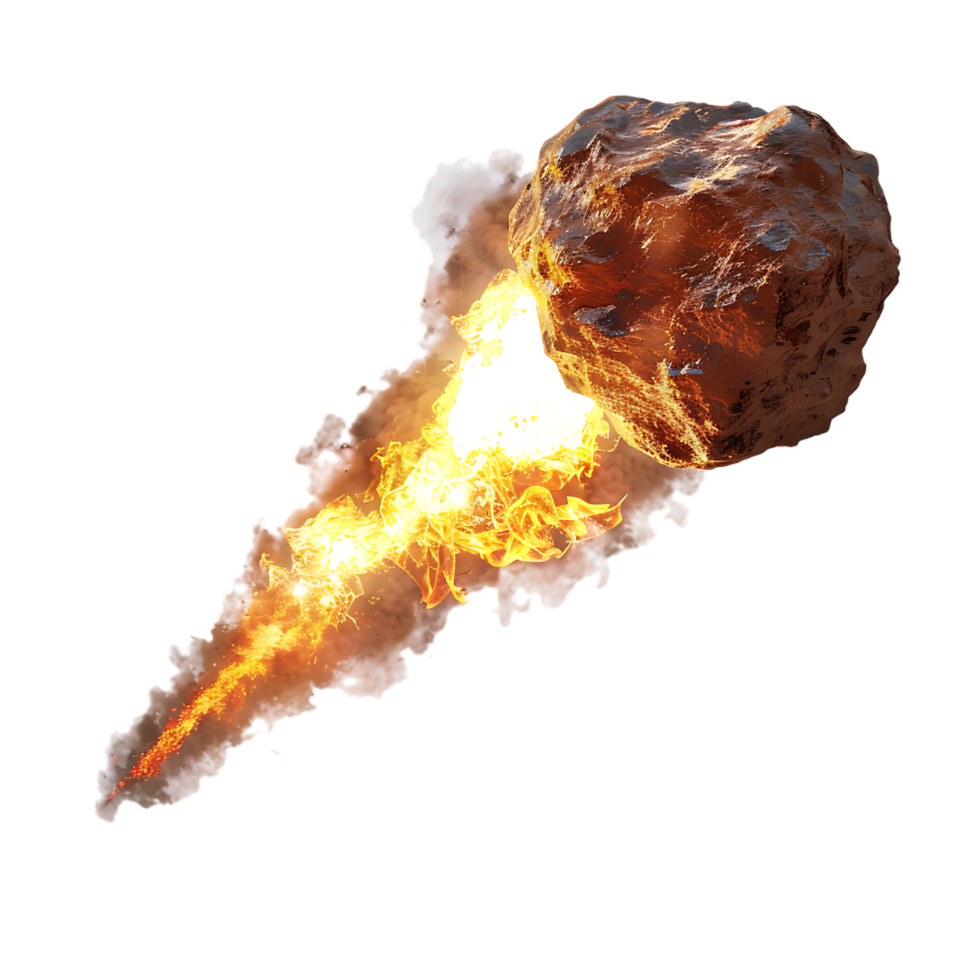 A meteorite's fiery descent is captured against a transparent canvas png