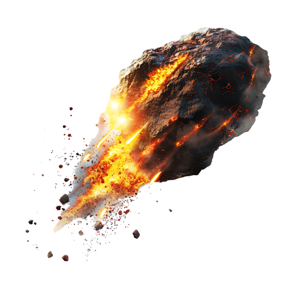 A meteorite's fiery descent is captured against a transparent canvas png