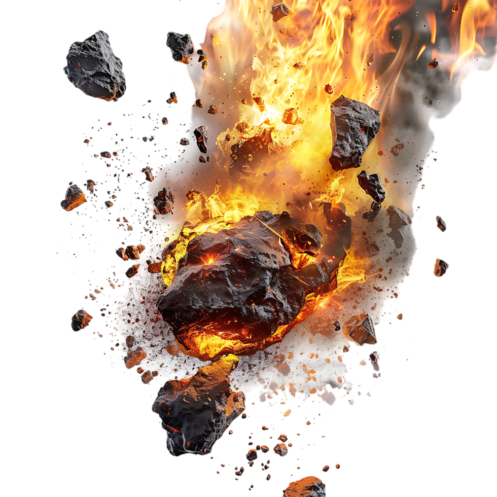 A meteorite's fiery descent is captured against a transparent canvas png