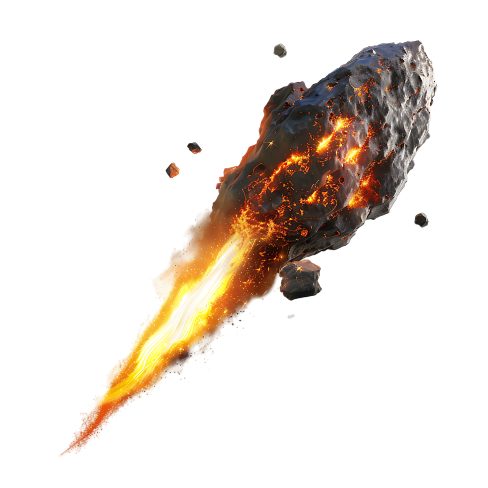 A meteorite's fiery descent is captured against a transparent canvas png