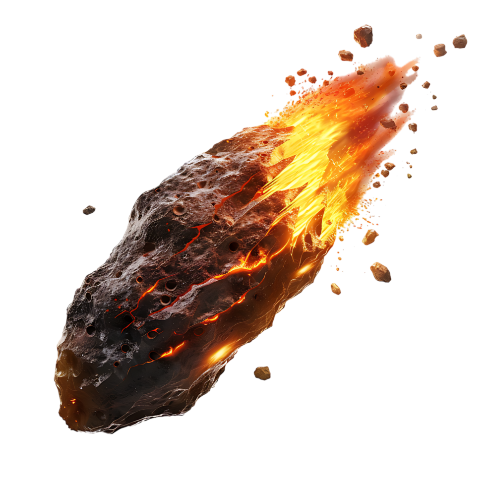A meteorite's fiery descent is captured against a transparent canvas png