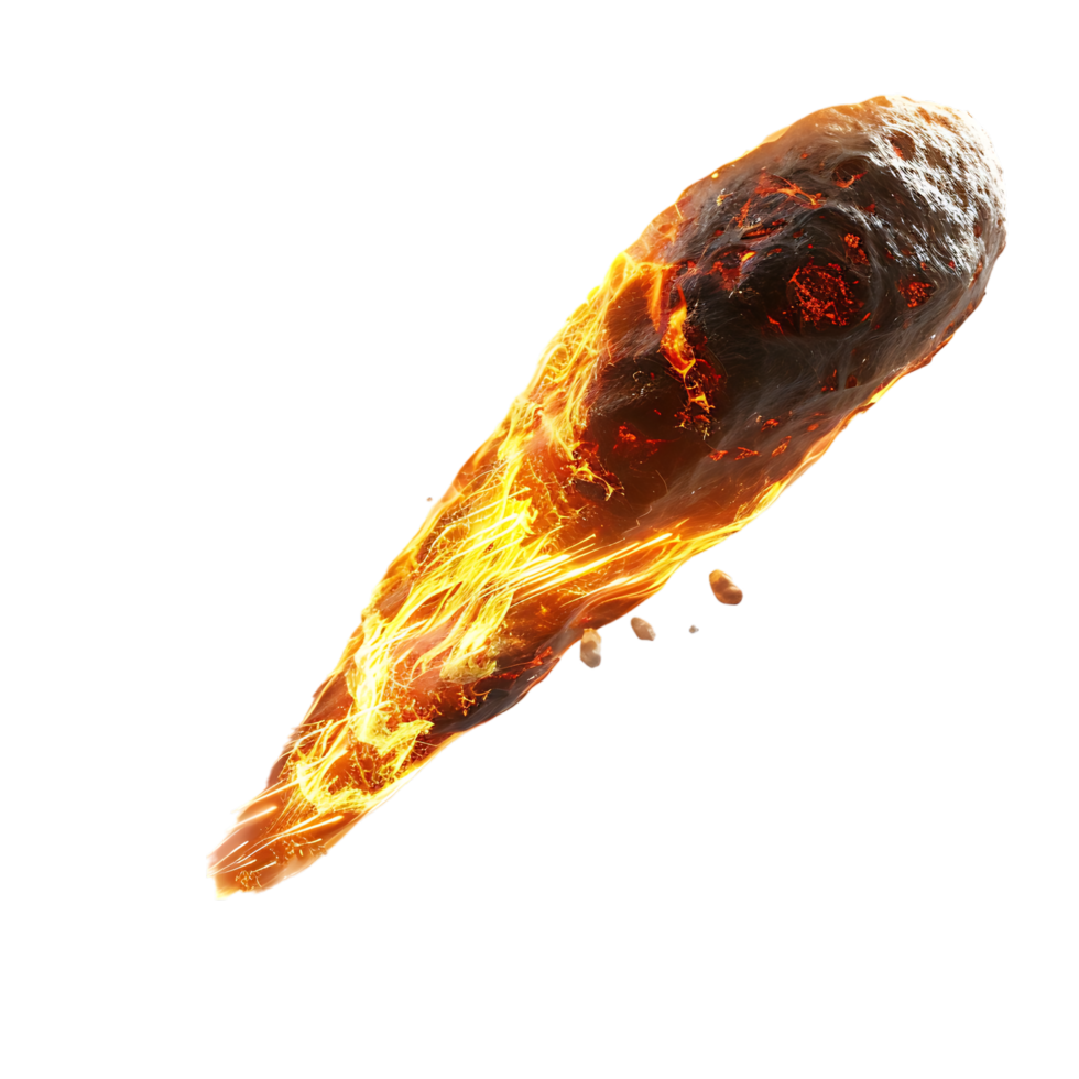 A meteorite's fiery descent is captured against a transparent canvas png