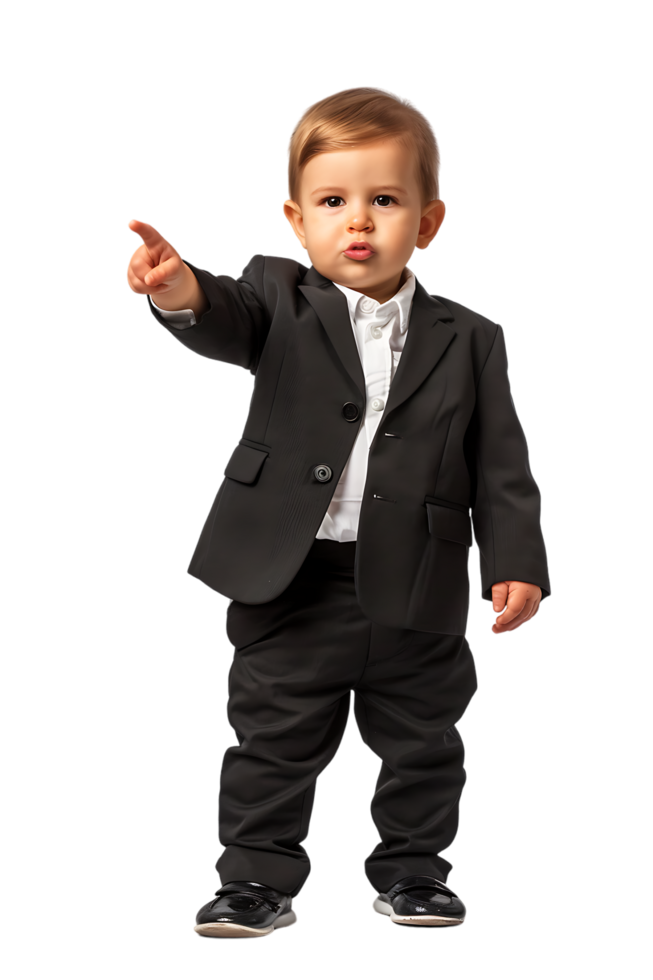 A young baby businessman points forward in isolation in a high-resolution image png