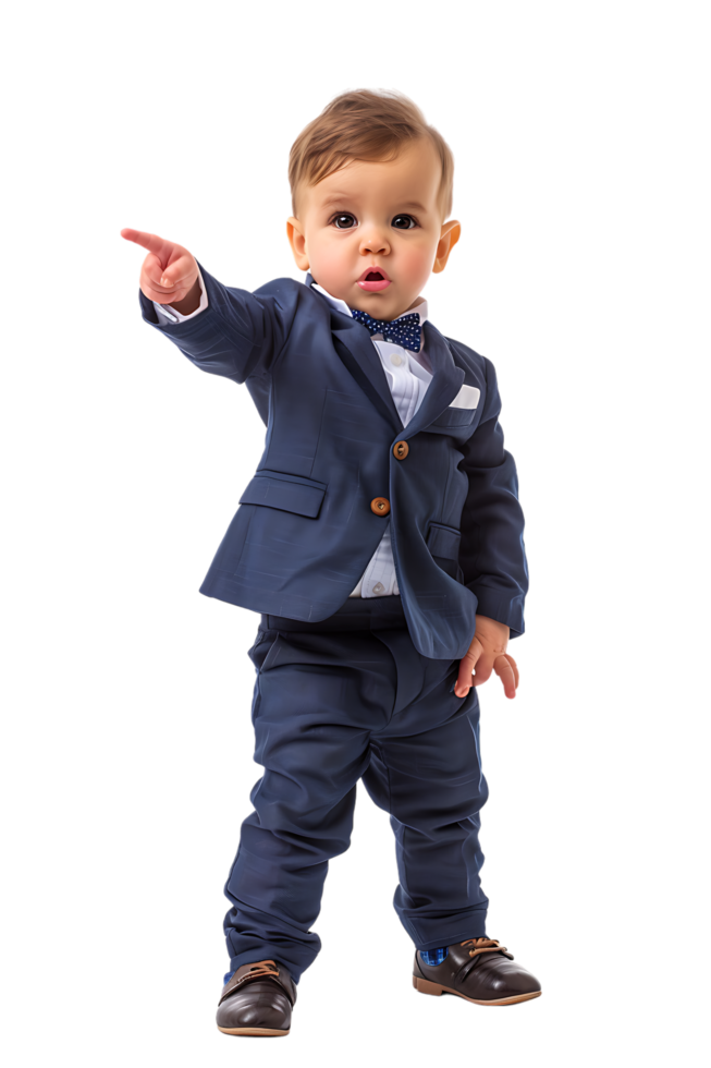 A young baby businessman points forward in isolation in a high-resolution image png