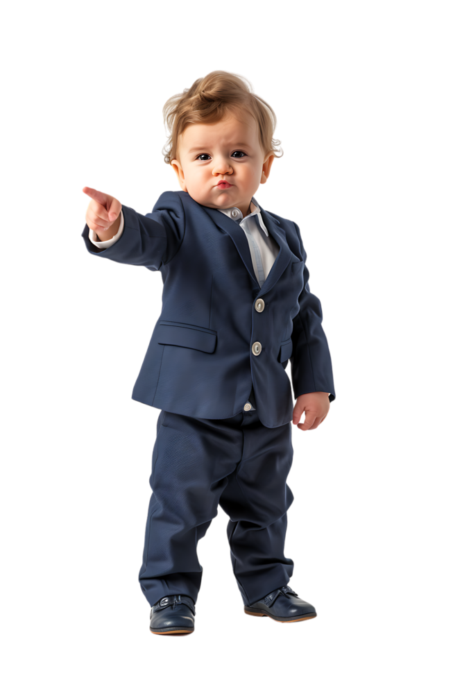 A young baby businessman points forward in isolation in a high-resolution image png