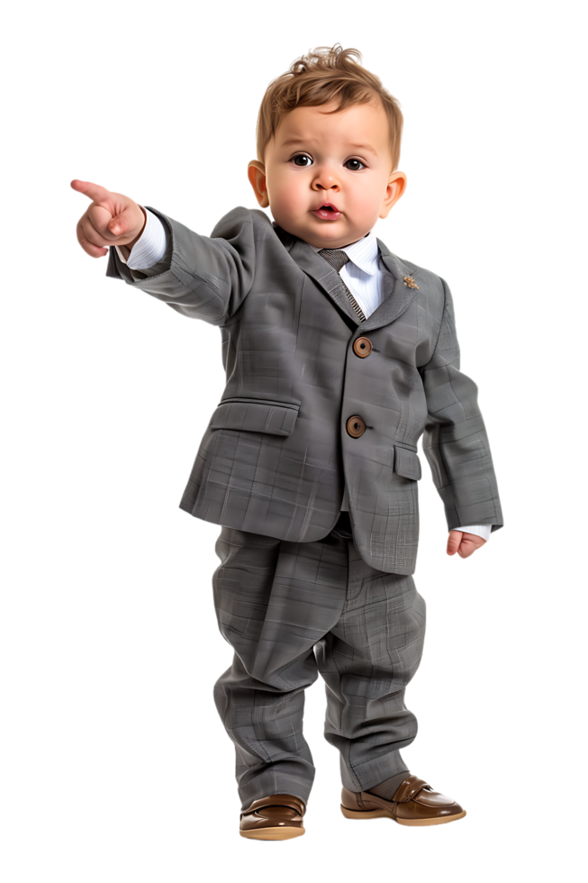 A young baby businessman points forward in isolation in a high-resolution image png