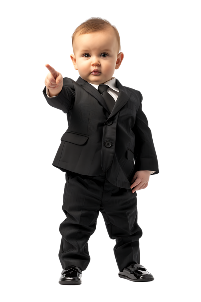 A young baby businessman points forward in isolation in a high-resolution image png