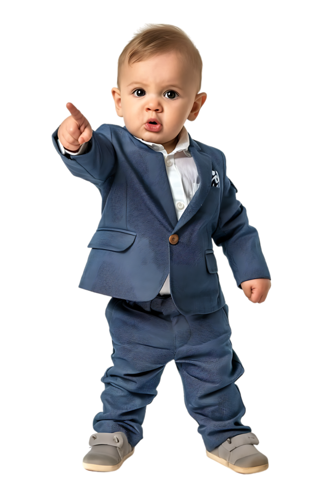 A young baby businessman points forward in isolation in a high-resolution image png