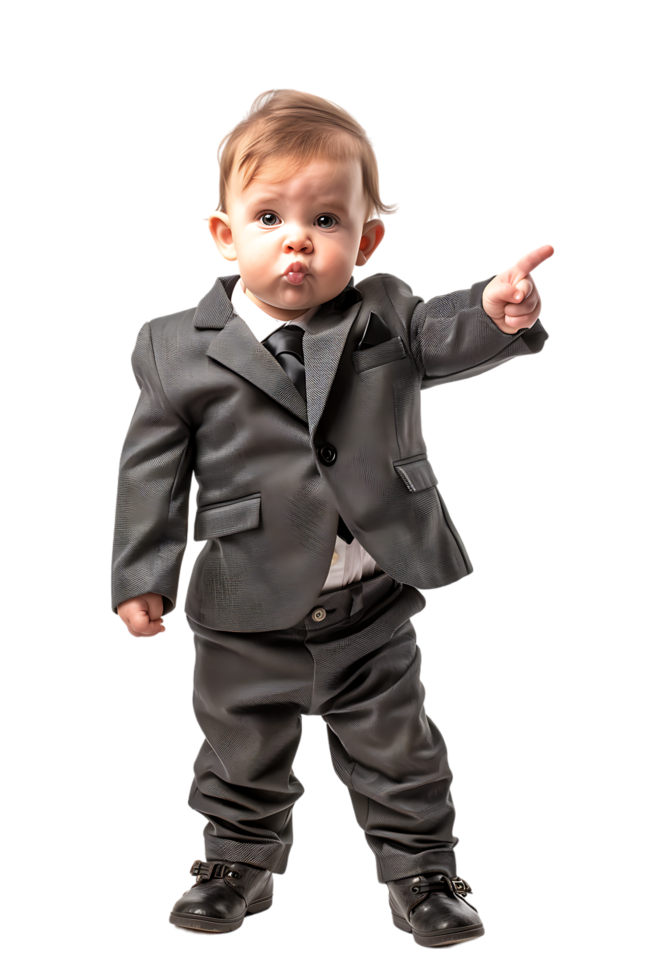 A young baby businessman points forward in isolation in a high-resolution image png