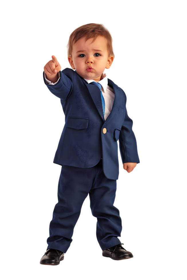 A young baby businessman points forward in isolation in a high-resolution image png