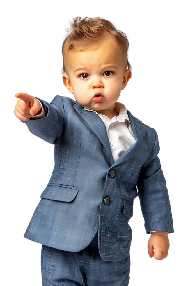 A young baby businessman points forward in isolation in a high-resolution image png