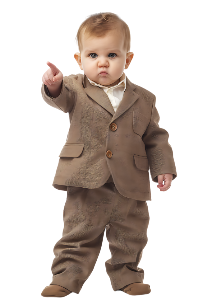 A young baby businessman points forward in isolation in a high-resolution image png