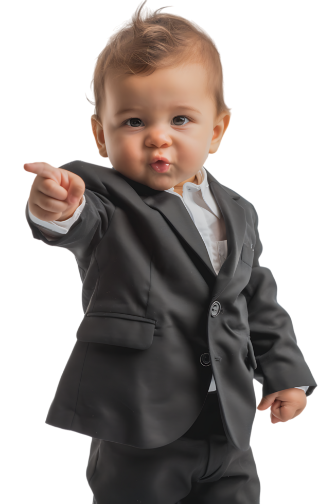 A young baby businessman points forward in isolation in a high-resolution image png