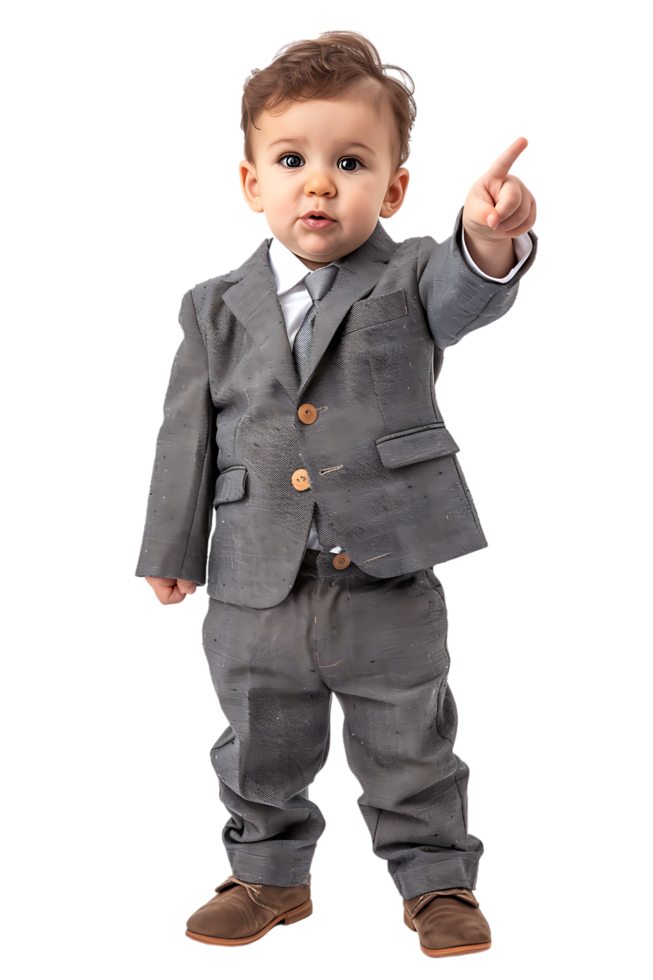 A young baby businessman points forward in isolation in a high-resolution image png