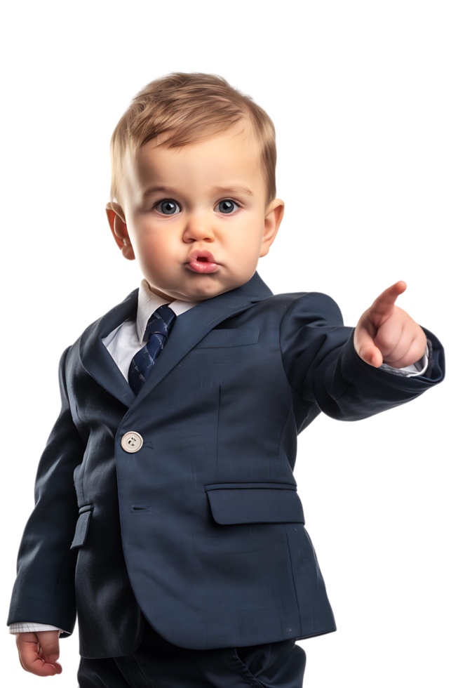 A young baby businessman points forward in isolation in a high-resolution image png