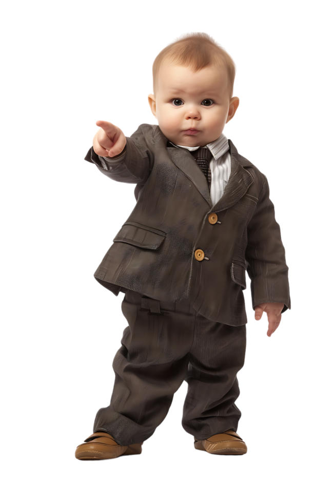 A young baby businessman points forward in isolation in a high-resolution image png