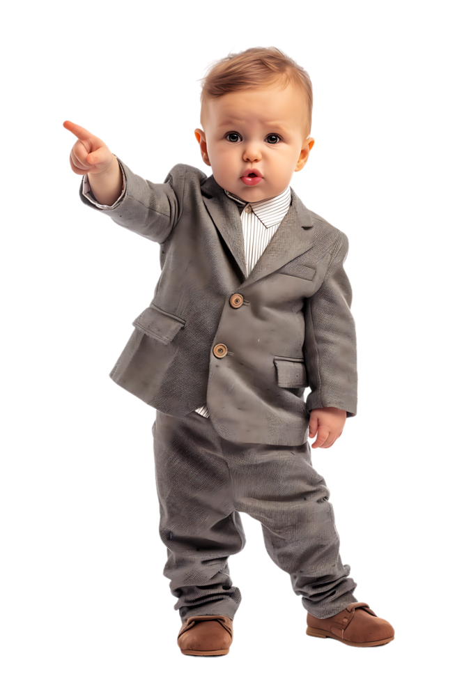 A young baby businessman points forward in isolation in a high-resolution image png